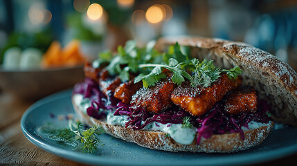 Fish sandwich with vegetables and herbs in a rustic bread roll.