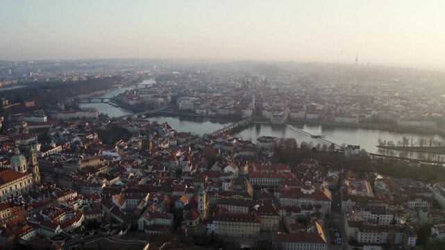 Aerial Drone View of Charles Bridge and Prague Old Town at Sunrise, 4K