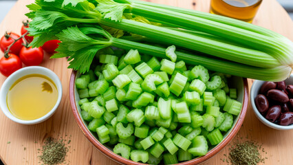 Fresh whole and chopped celery stalks with healthy cooking ingredients