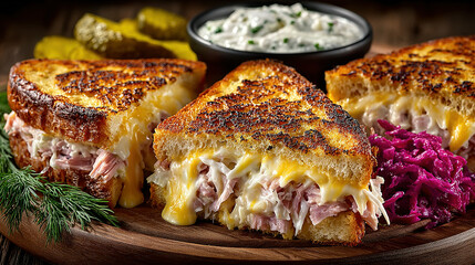 Grilled cheese sandwiches with ham, served with pickles, coleslaw, and dipping sauce.