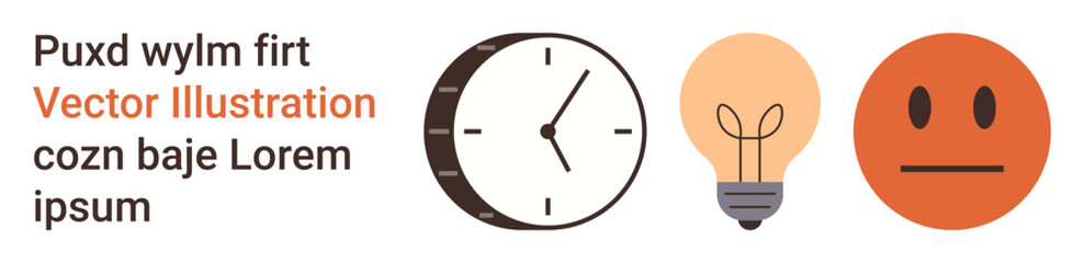 Time management, creativity, emotions, productivity, innovation, problem-solving. Clock, light bulb and neutral face icon on white background. Time management and creativity concepts © robu_s