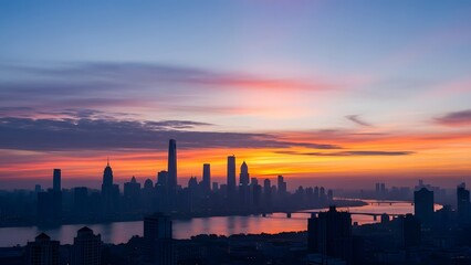 Naklejka premium Stunning cityscape silhouette at sunset, with a vibrant sky casting warm hues over tall buildings and a reflective body of water, capturing the serene beauty of urban life