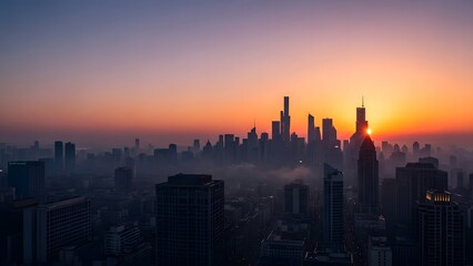 A mesmerizing dawn breaks over a sprawling metropolitan skyline, with prominent skyscrapers piercing through a low-lying misty haze, illuminated by the radiant sun
