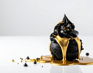 Indulge in the decadent allure of black ice cream drizzled with luscious gold, adorned with sparkling sprinkles, on a sleek, pristine surface.