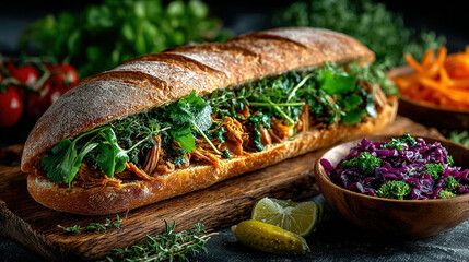 Fresh sandwich with shredded meat, greens, and herbs on rustic bread.
