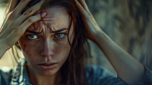 A young woman with hands on her head, looking distressed. She has a concerned and overwhelmed expression.