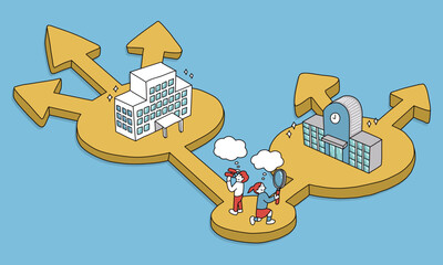 学校選び　学校ごとの特徴やその先の進路・将来の可能性について調べる学生のイラスト © turn_around_around