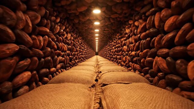 A long corridor of stacked cocoa pods and burlap sacks in a dimly lit warehouse