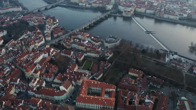Aerial Drone View of Charles Bridge and Prague Old Town at Sunrise, 4K