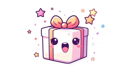 Kawaii gift box with bow, happy face, and star sparkles against a black backdrop