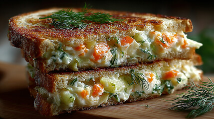 Two slices of grilled vegetable and cheese melt sandwich garnished with herbs.