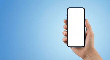 Hand Holding Phone Mockup, Blank Smartphone Screen Blue, Mobile App Display Template, Cellphone Isolated Background