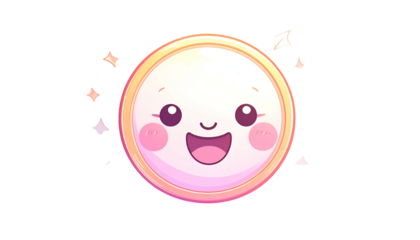 Cartoonish, smiling face with rosy cheeks and sparkling stars on a black background