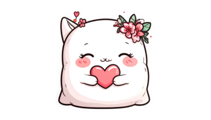 Chubby white cat cartoon holding a pink heart, adorned with floral crown and blushing cheeks