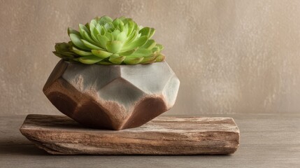A succulent plant sitting inside a geometric ceramic planter