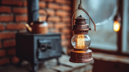 Antique Copper Lantern Hanging Above Cast Iron Stove