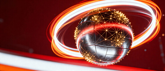 Globe with glowing network and light rings