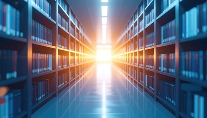 Library hallway with bright light and vast book collection