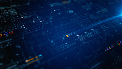 Futuristic digital data interface with abstract blue dashboard, ideal for big data, tech analysis, cybersecurity, and innovation themes. Technology data background 3d Rendering