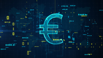 Digital Euro symbol with global financial data, representing fintech, currency exchange, and virtual economy. 3d Rendering