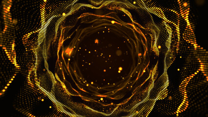 Golden glowing particle wave tunnel background, perfect for tech, data, network, and futuristic digital themes. Abstract background 3d Rendering