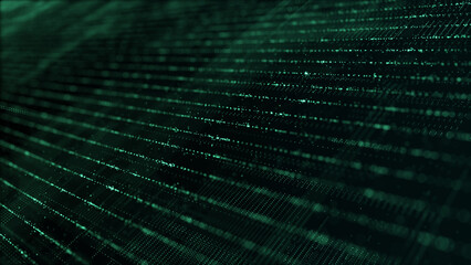 Futuristic green data flow with glowing dots and grid lines, ideal for digital technology, data transmission, and AI backgrounds. 3d Rendering