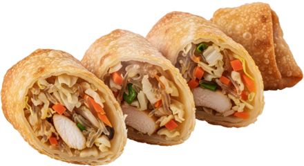 Sliced crispy spring rolls filled with chicken vegetables and glass noodles isolated on transparent background
