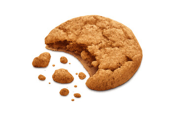 Bitten cookie with crumbs, delicious sweet baked dessert or snack showing a missing bite and broken pieces