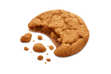 Bitten cookie with crumbs, delicious sweet baked dessert or snack showing a missing bite and broken pieces