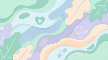Abstract healthcare and wellness background with medical symbols like a cross, stethoscope, and band-aid in pastel colors
