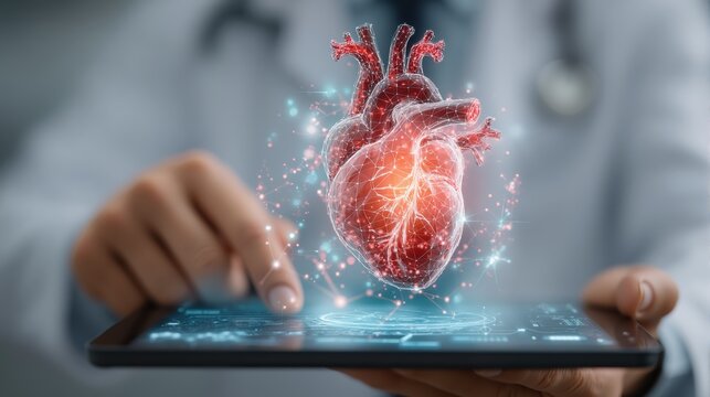 Digital heart hologram on tablet showcasing cutting-edge medical technology and innovation