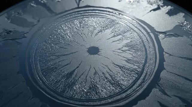 Abstract closeup of a circular pattern with intricate details and a central dark spot resembling a stylized eye or a complex mechanical component in cool blue and gray tones