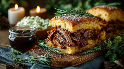 Tender shredded beef sandwich on a rustic wooden board, garnished with herbs.