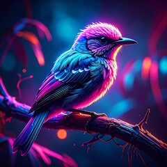 Vivid bird, glowing purple and teal, perches on a branch against a bokeh-lit background