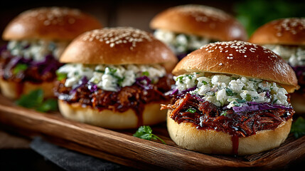 Mini sandwiches with shredded meat and creamy topping on sesame buns.