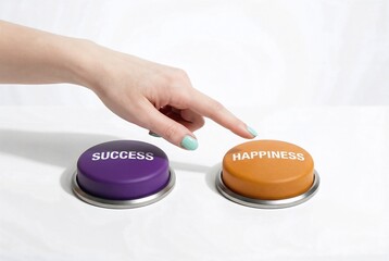 Hand chooses between a purple 'Success' button and an orange 'Happiness' button on a white background. Work life balance concept