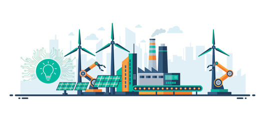 Smart green factory with wind turbines, solar panels, robotic arms, and automated production line, showing renewable energy, clean technology, and sustainable industry