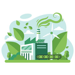 Eco friendly factory using wind power and solar panels with clean production line, sustainable industry, green energy, and environmental technology concept