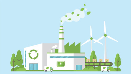 Green recycling factory with wind turbines, battery power, conveyor system, and eco transport, showing renewable energy, circular economy, and sustainable industry