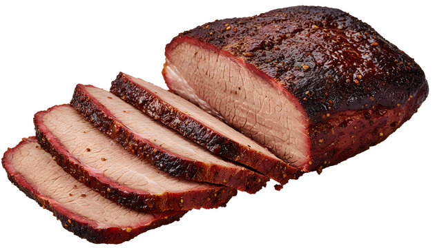 Sliced smoked beef brisket with spicy crust and juicy texture isolated on transparent background