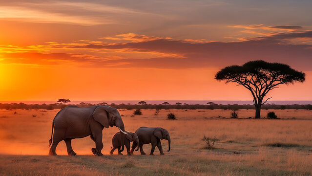 Wide angle view of an elephant family migrating across the savanna during golden hour