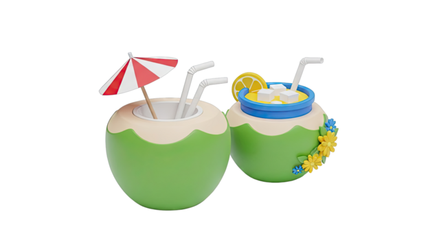 Two 3D Rendered Coconuts with Drinks and Tropical Decorations - Powered by Adobe
