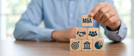 Strategic merger and acquisition concept with businessman stacking wooden blocks showing M&A, growth icons, synergy, corporate finance and investment strategy
