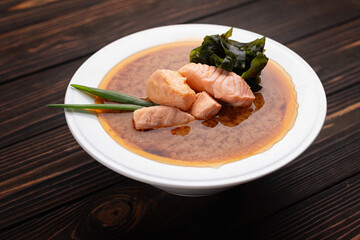Miso soup with salmon bowl