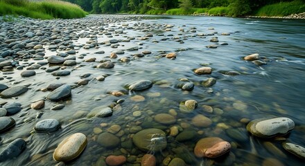 Clear river water flowing over a rocky riverbed with lush green trees in the background