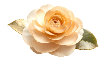 A close-up of a blooming peach-colored flower with green and gold leaves