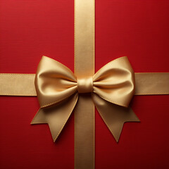 Gold ribbon bow is displayed on a red textured background.