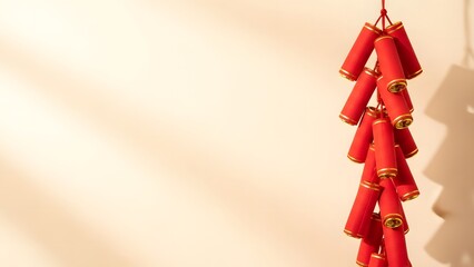 Chinese New Year Hanging Red Firecrackers With Minimal Background And Copy Space