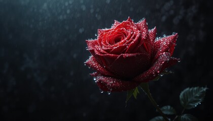 A captivating red rose bloom drenched in morning dew against a shadowy backdrop