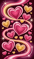 Multiple pink and gold hearts with shiny sparkles and glowing swirls on a dark background creating a magical and romantic atmosphere with vibrant colors and light